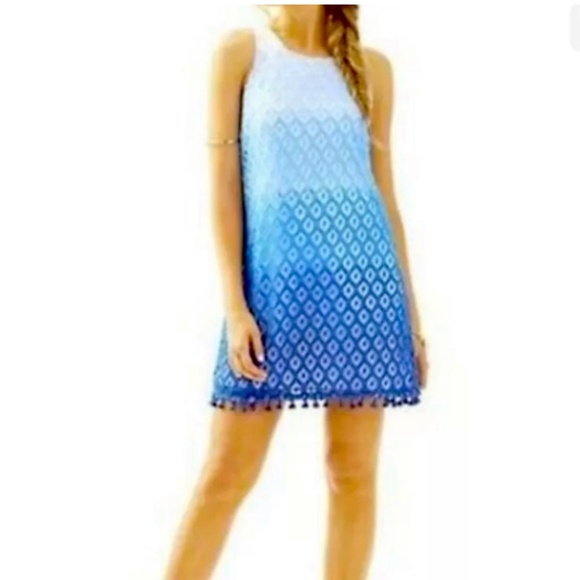 Lilly Pulitzer Marquette Ombre Shift Dress Blue White Lace Tassels - Picture 1 of 3